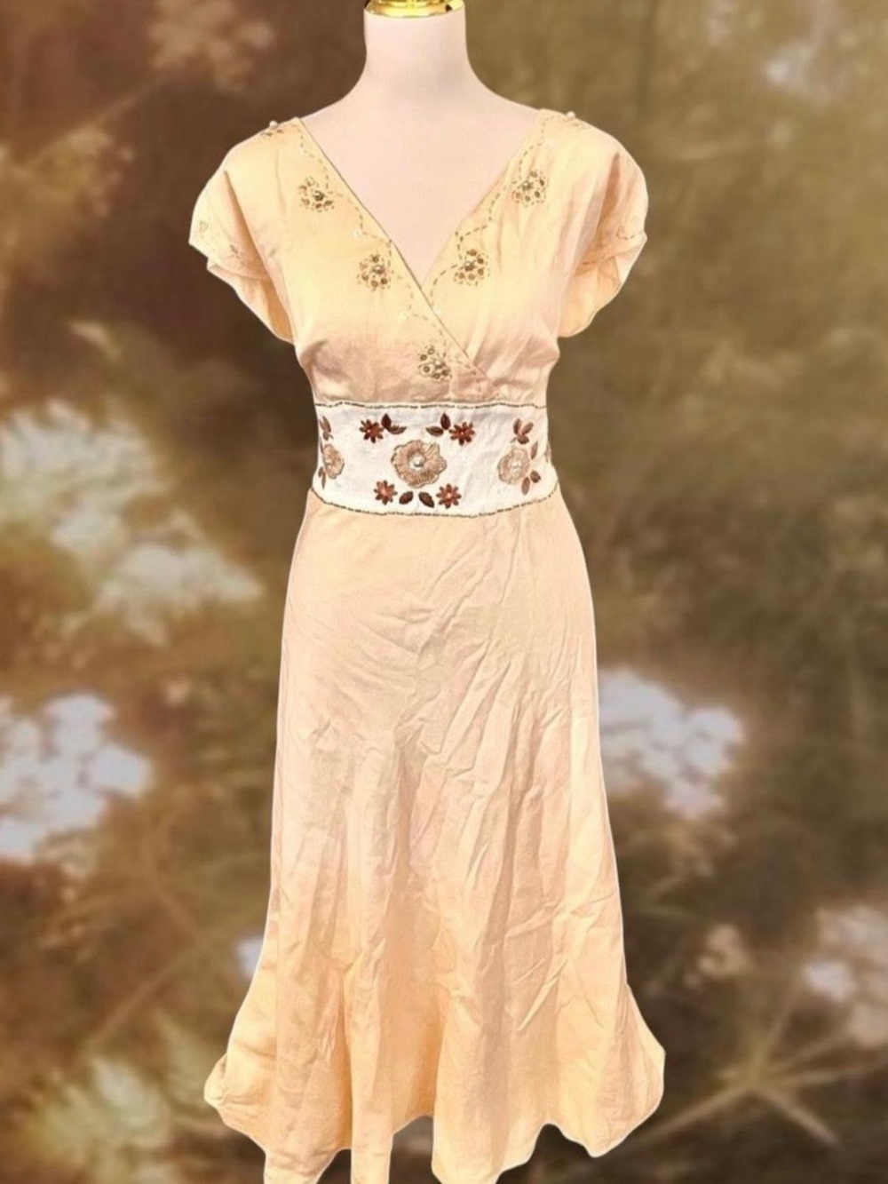 Adrianna Papell Woman Linen Blend Beaded Pearl Midi Dress Peach V-Neck